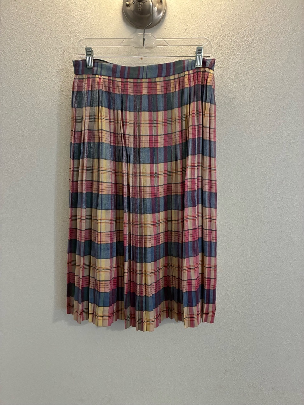 J. Crew Pleated Plaid Midi Skirt in Pink, Blue, and Cream. Subtle shimmer.